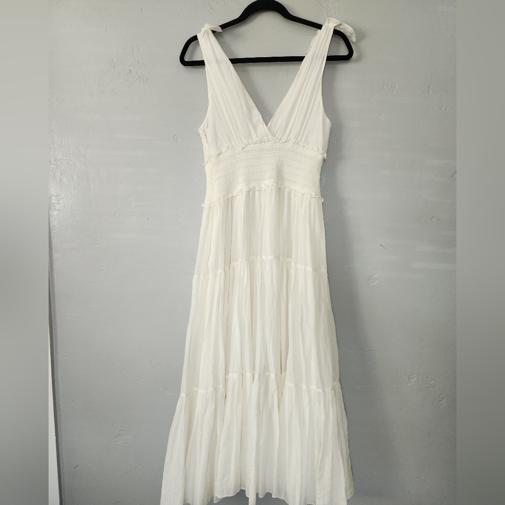 Cinq à Sept Tamar Tie Strap Smocked Calf Length Ruffled Dress Sz 2 - Picture 4 of 10